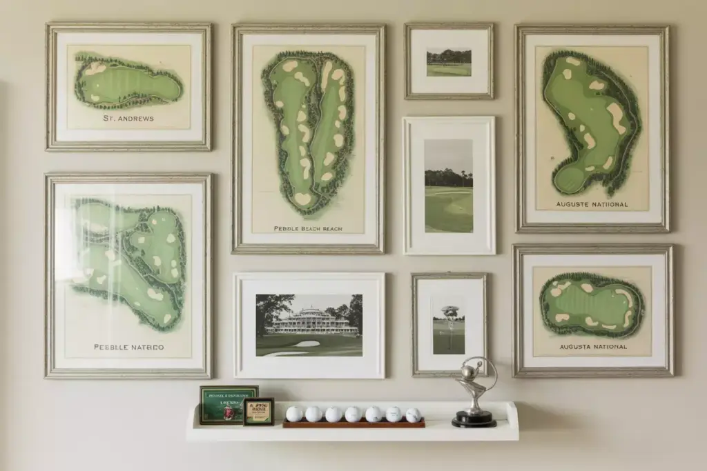 Wall display of framed golf course maps, photos, golf balls, and a trophy on a white shelf.