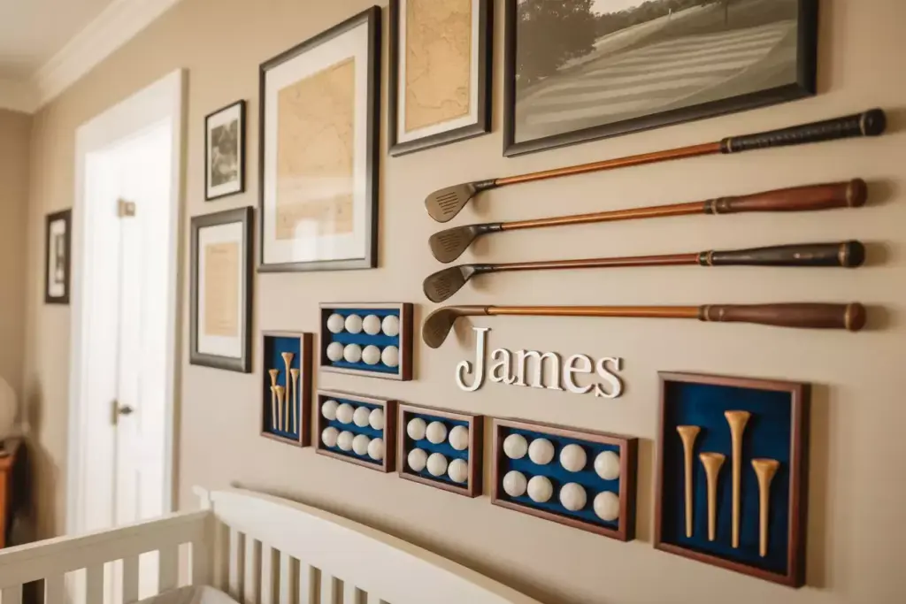 Wall decor with vintage golf clubs, framed golf balls, wooden tees, and the name James above a crib.