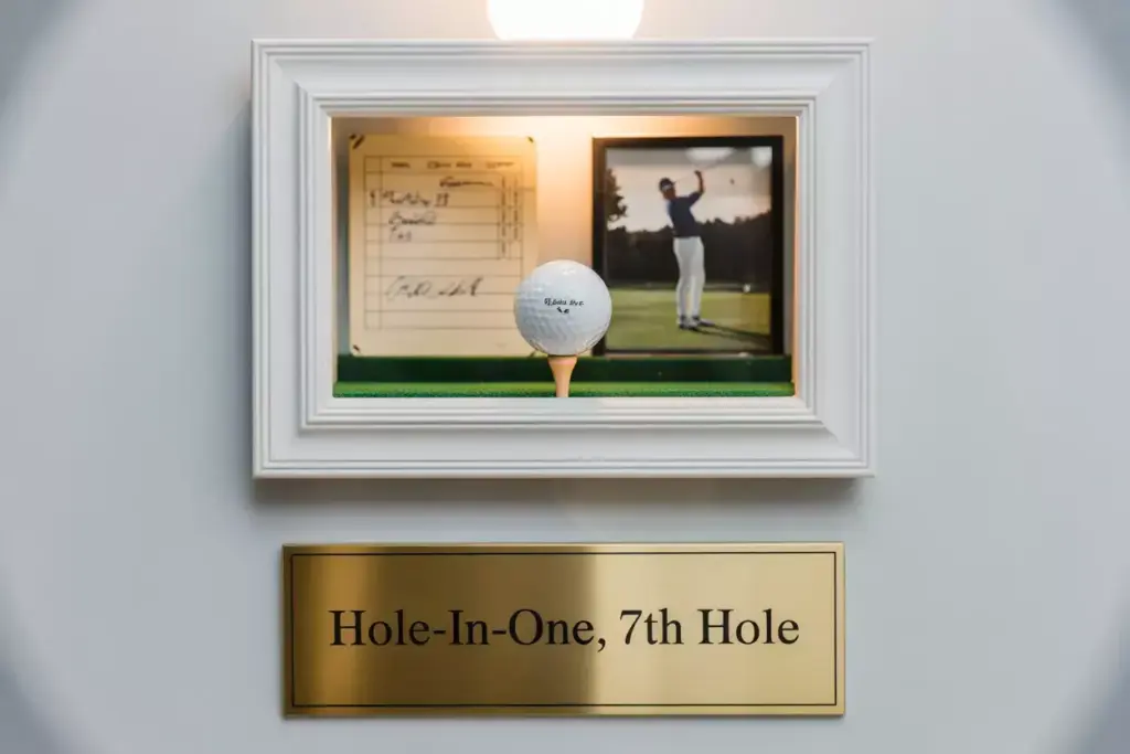 Framed hole-in-one golf display with scorecard, photo, ball, and plaque reading Hole-In-One, 7th Hole.