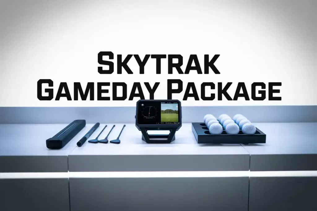 SkyTrak Gameday Package with golf tools, monitor, and golf balls on a white counter.