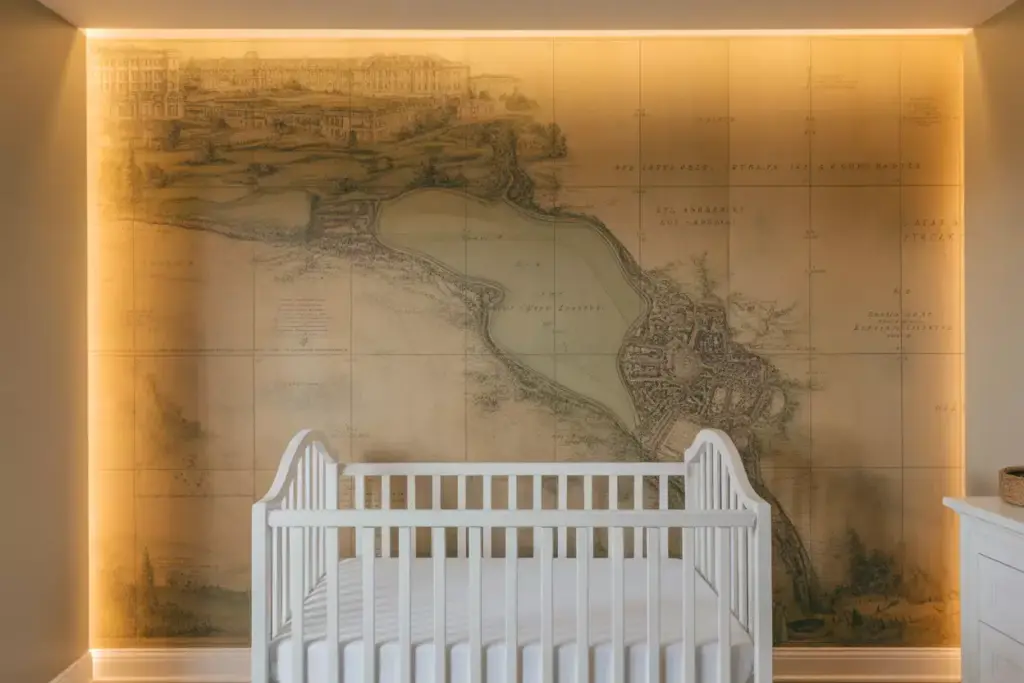 White crib in front of a wall with a vintage map mural and warm ambient lighting.