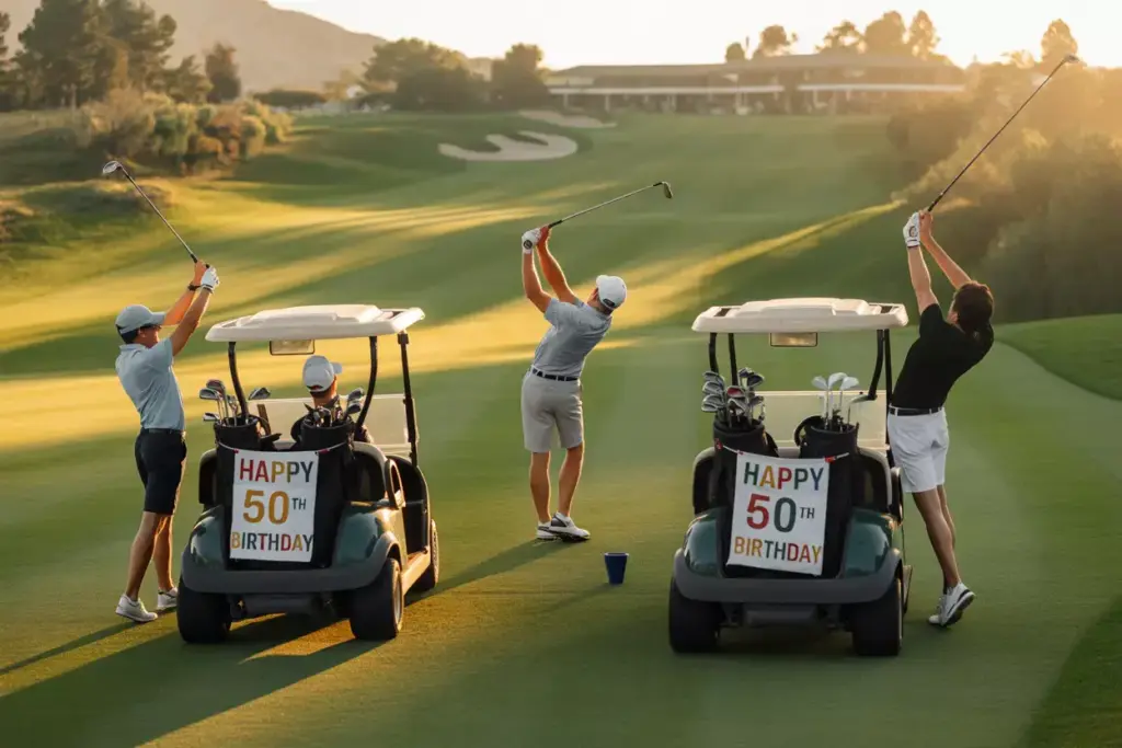 Three people play golf at sunset, with carts displaying Happy 50th Birthday banners on a green course.