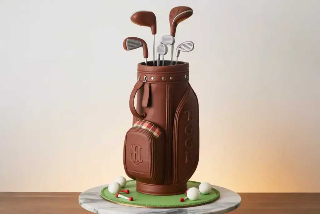 A cake shaped like a brown golf bag with clubs, golf balls, and tees on a green base.