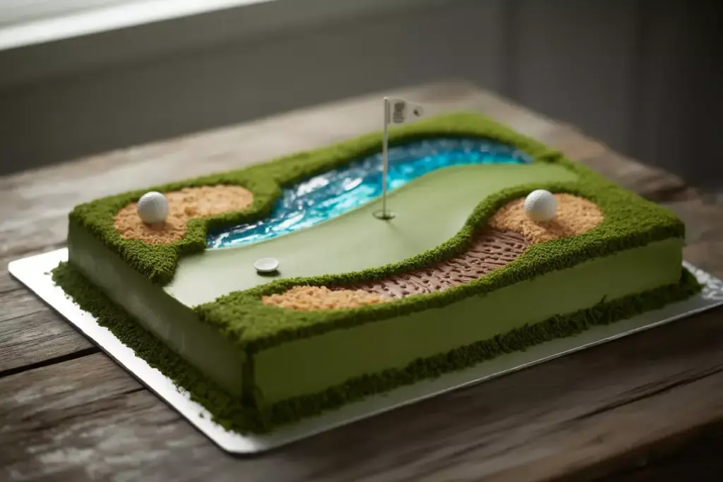 Rectangular cake decorated as a golf course, with golf balls, a flag, sand traps, and a blue water hazard.