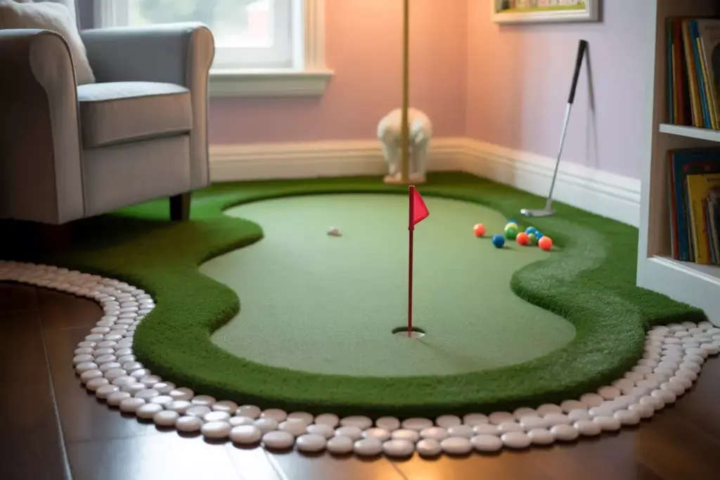 A mini golf putting green setup indoors with colorful balls, a small flag, and a chair nearby.
