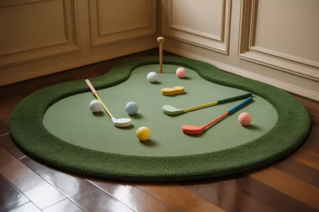 Mini golf set with colorful clubs and balls on a green mat, placed indoors near cream-colored walls.