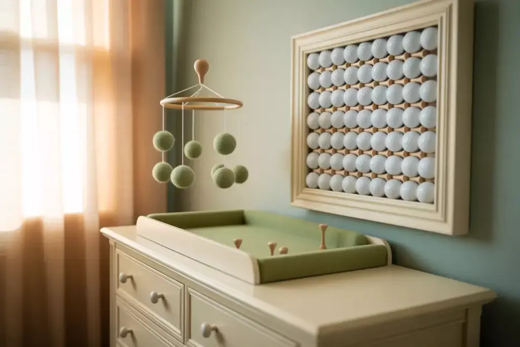 A green-themed nursery with a dresser, changing pad, hanging mobile, and framed wall art above.