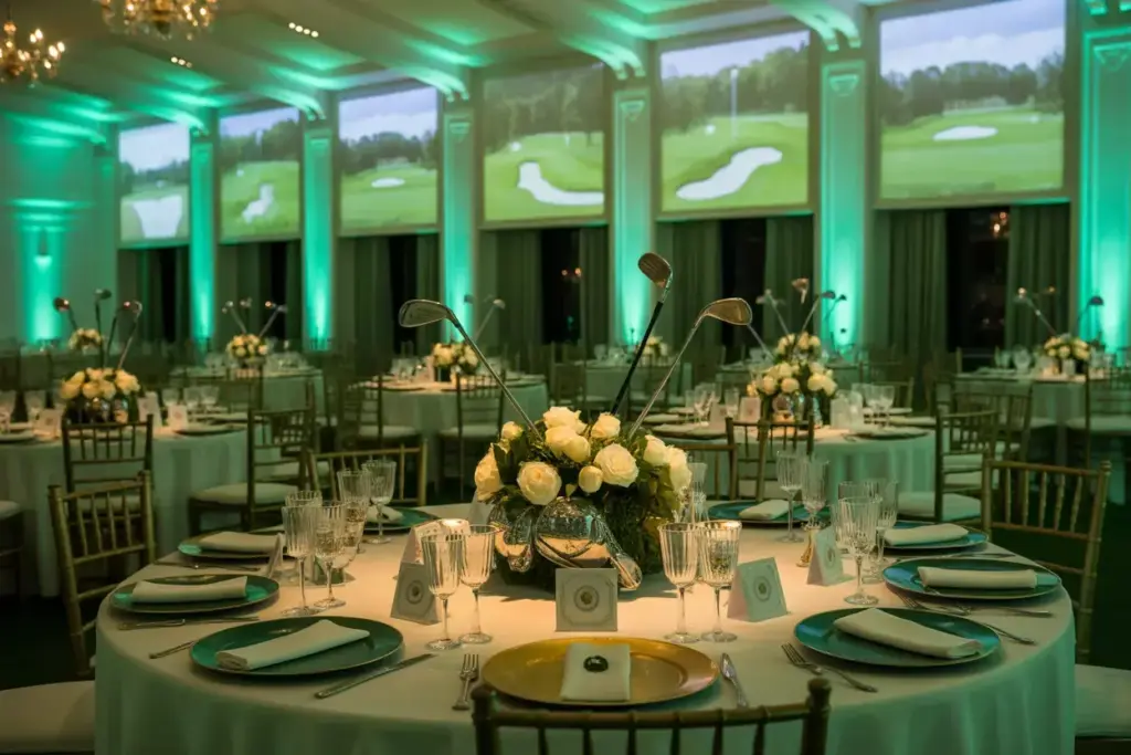 Elegant banquet hall with golf-themed centerpieces, round tables, and golf course images projected on walls.