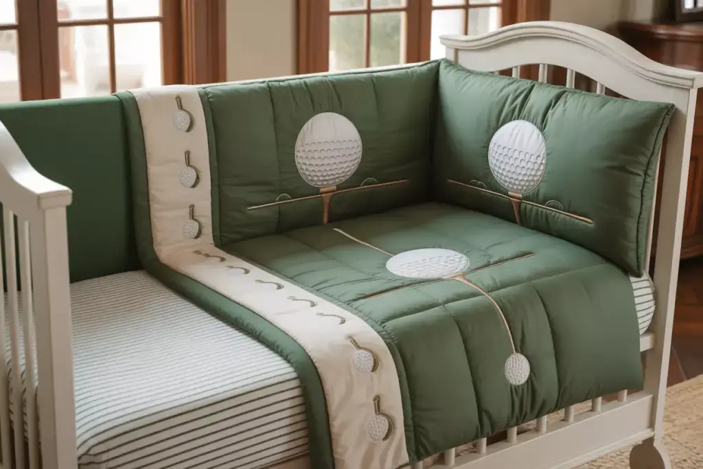 Green and white crib bedding with golf ball and tee designs, set in a white crib near large windows.
