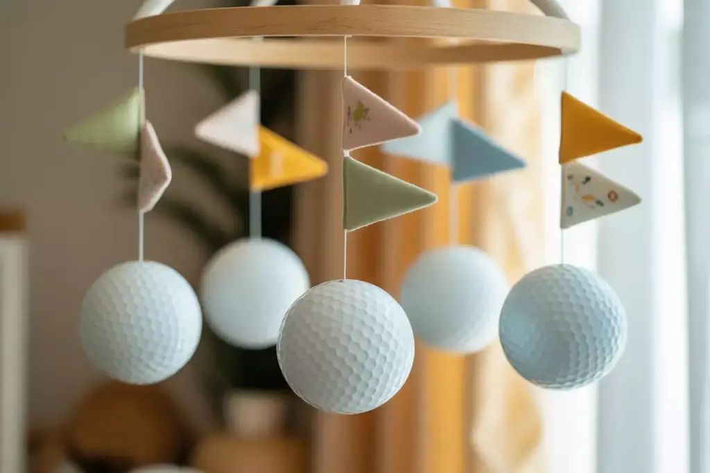 Close-up of a baby mobile with white textured balls and colorful triangle flags hanging from a wooden frame.