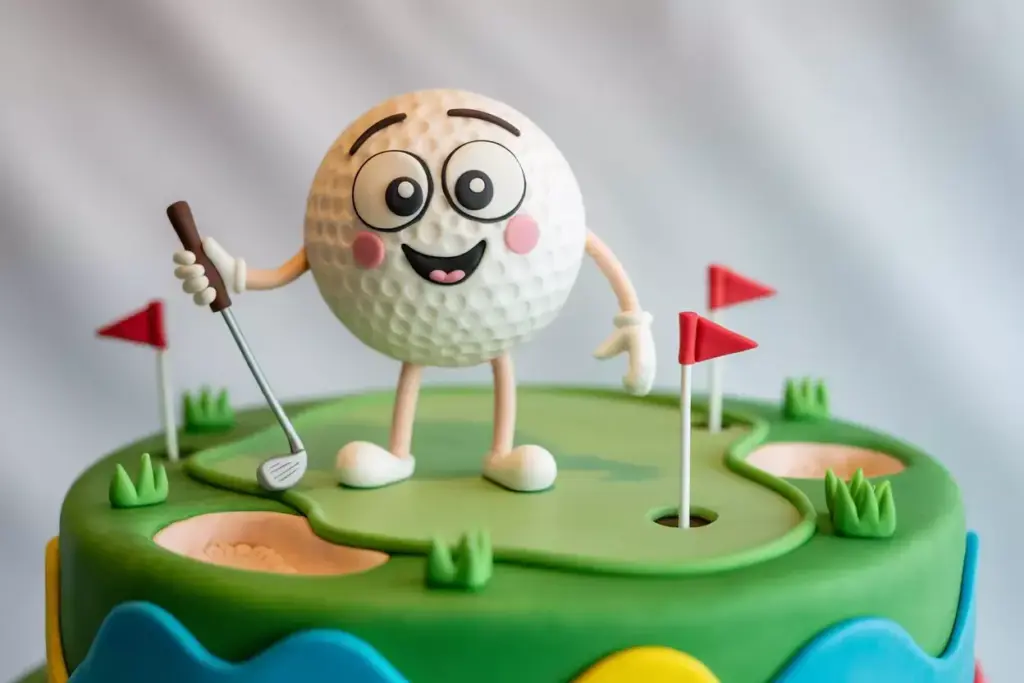 Smiling golf ball character holding a club stands on a golf-themed cake with flags and holes.