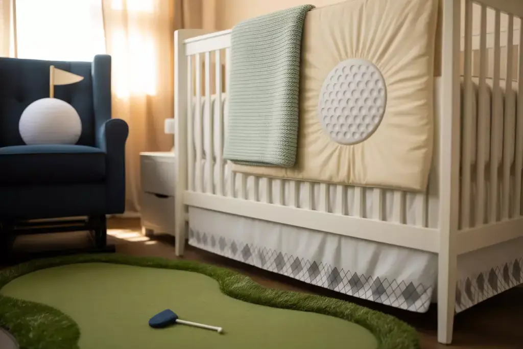 A golf-themed nursery with a white crib, putting green rug, and armchair with a golf ball cushion.