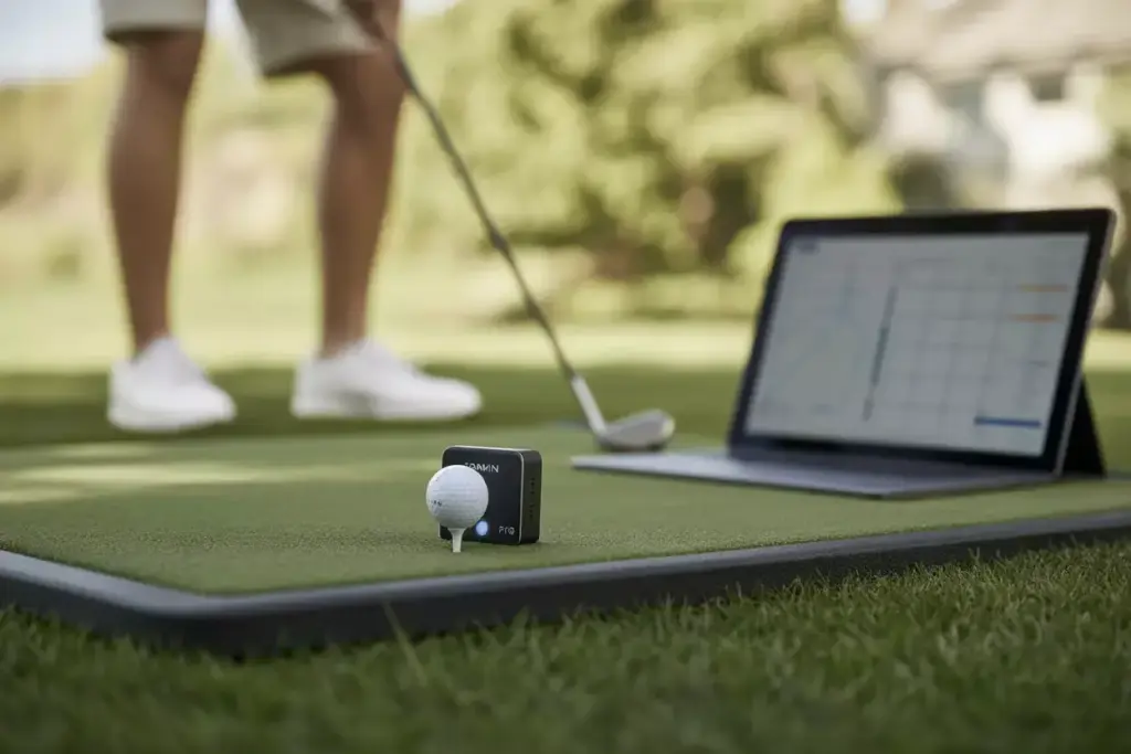 Golf ball on a tee, a launch monitor, and a laptop on a mat, with a golfer preparing to swing.