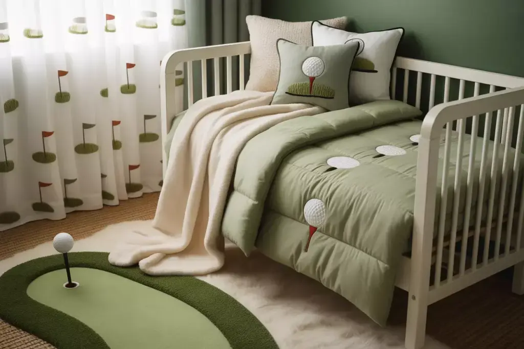 A golf-themed nursery with a crib, golf ball bedding, and a mini putting green rug on the floor.