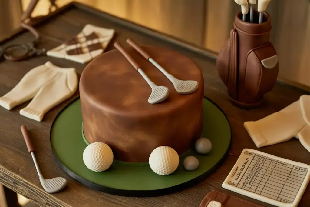 A smiling golf ball cartoon figure holding a club stands on a golf-themed cake with red flags.
