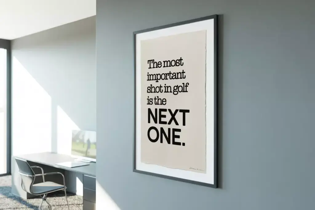 Framed quote on wall reads: The most important shot in golf is the next one. Office desk in background.