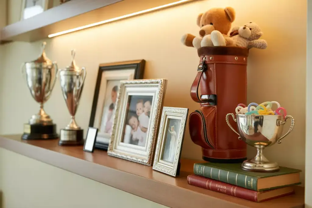 Shelf with trophies, framed family photos, books, and a golf bag holding two teddy bears.