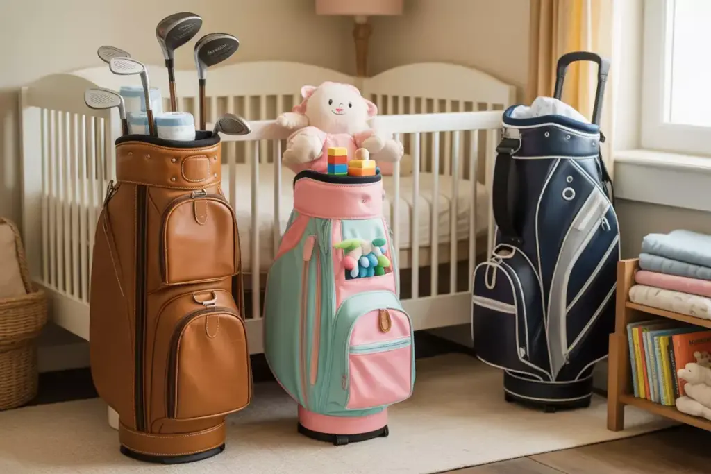 Three golf bags in a nursery, one with toys and a stuffed animal in front of a crib.