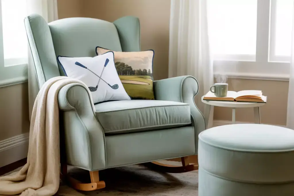 Light blue armchair with golf-themed pillows, a beige throw, round ottoman, and a side table with tea and a book.