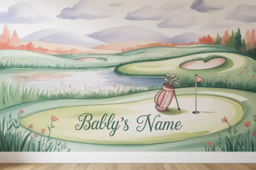Illustration of a golf course with a golf bag and the words Babys Name on the green.