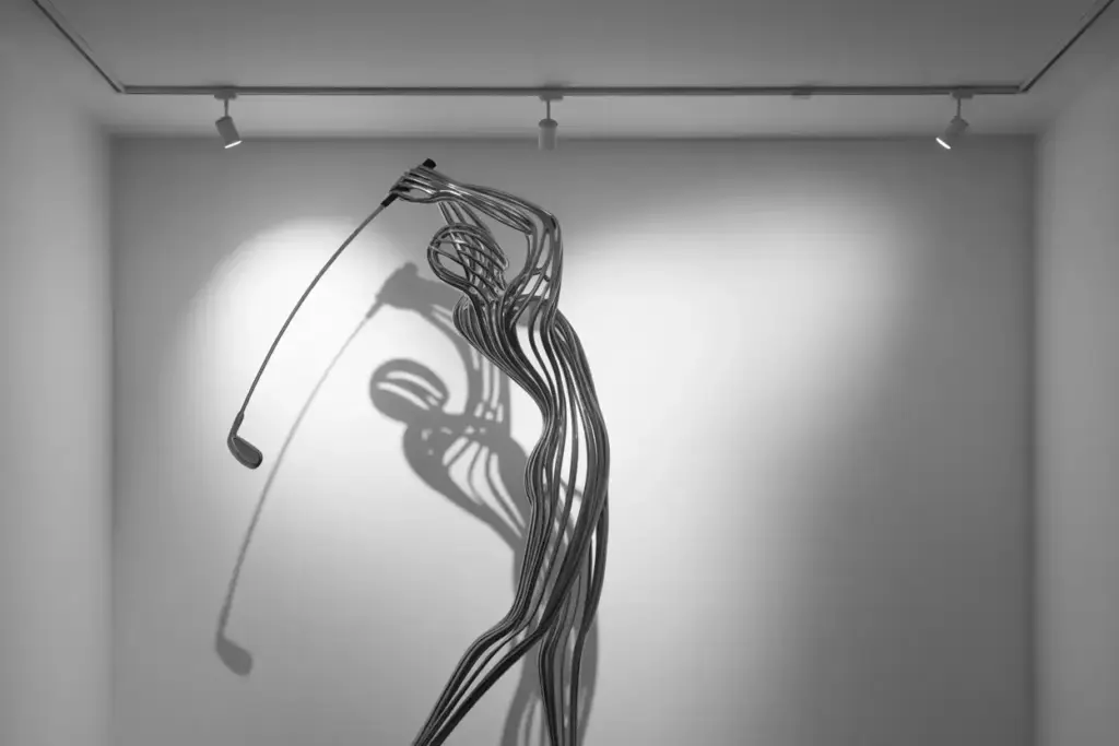 A metal wire sculpture of a person swinging a golf club, casting a shadow on a white wall.