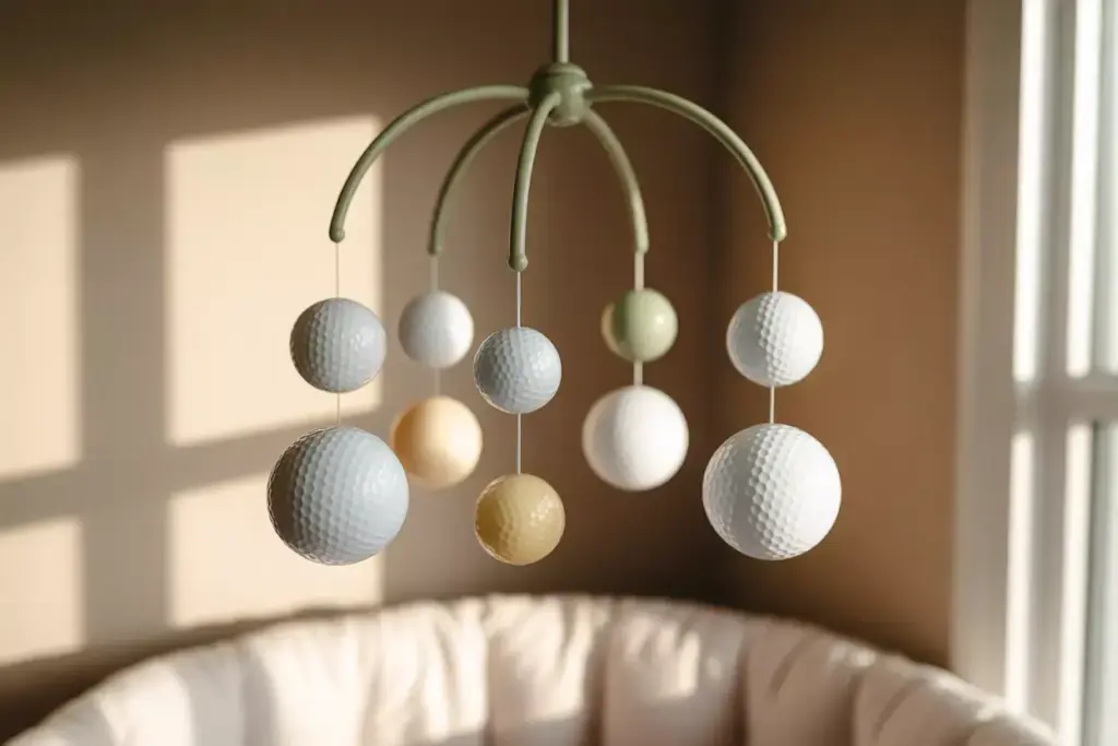 A baby mobile hangs above a crib with golf ball-shaped ornaments in soft neutral colors.