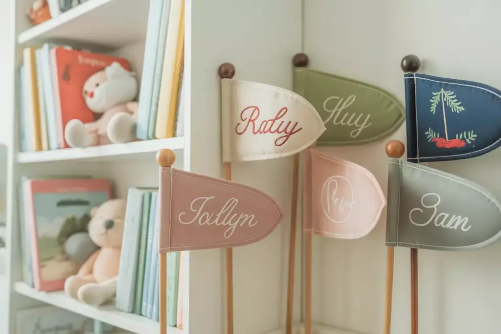 Children’s name flags on sticks near a bookshelf with stuffed animals and colorful books.