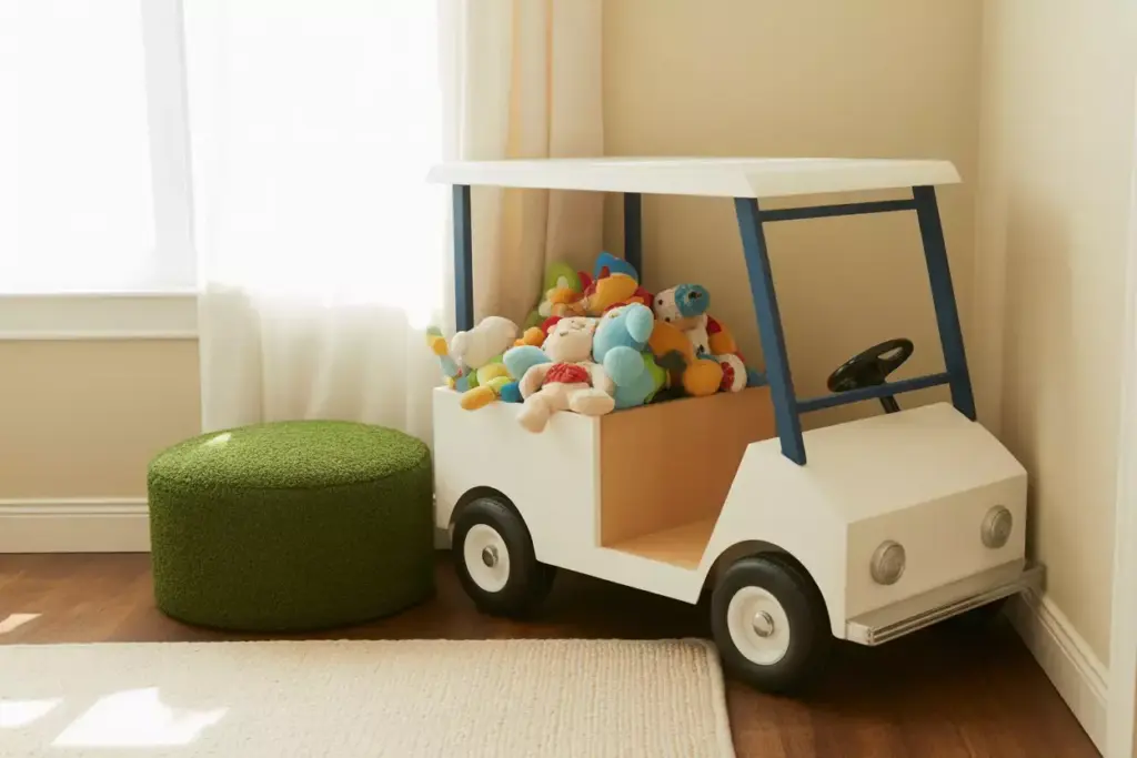 White toy car filled with stuffed animals next to a green ottoman in a sunlit room.