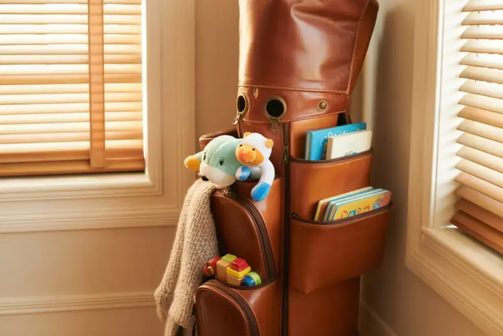 A leather golf bag holds baby toys, books, and a blanket, standing by windows with wooden blinds.