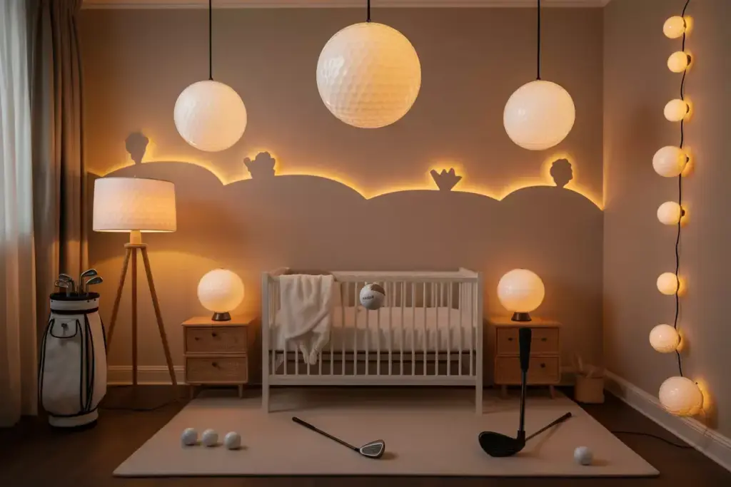 Golf-themed nursery with crib, golf clubs, golf balls, and round lights resembling golf balls on the wall and ceiling.