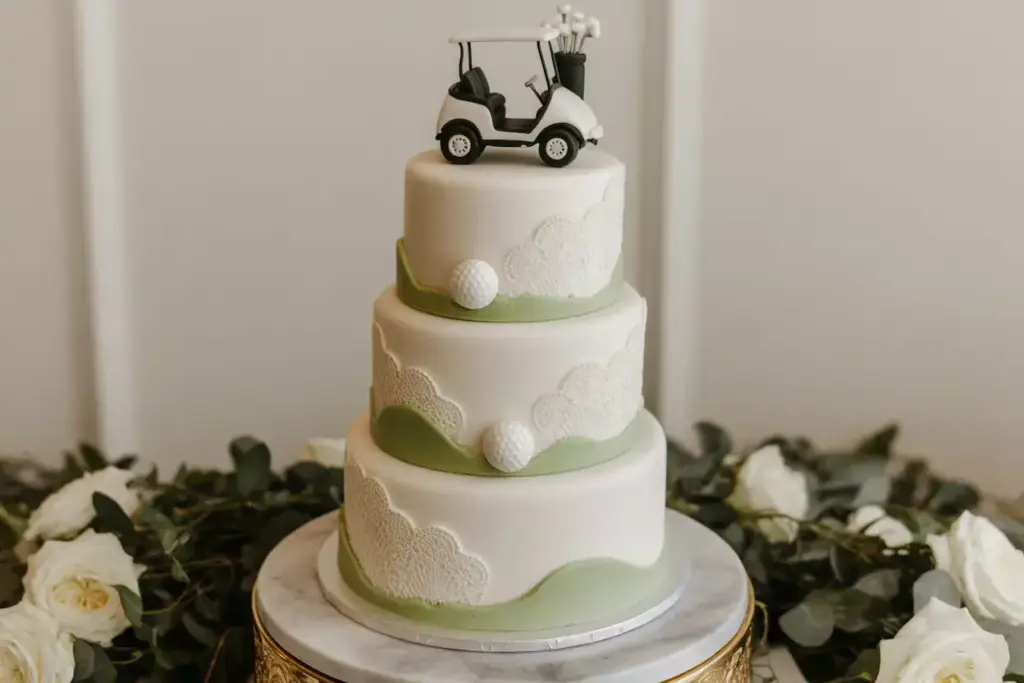 Three-tiered golf-themed cake with a golf cart topper, golf balls, and green accents, surrounded by white roses.