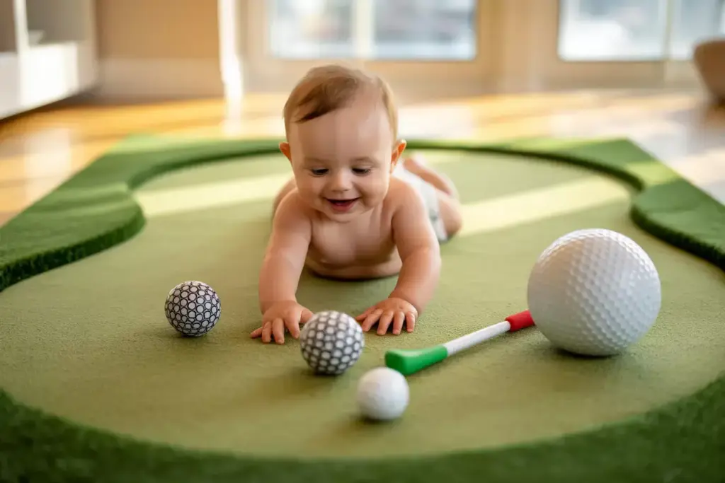 Baby lying on a mini putting green with toy golf balls and a small golf club, smiling and reaching forward.
