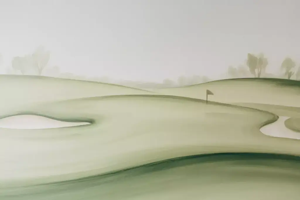 Minimalist illustration of a golf course with gentle hills, a sand trap, and a flag in the distance.