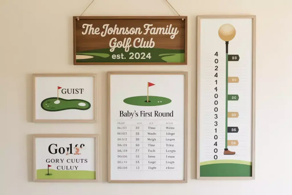 Framed golf-themed wall art features family name, golf graphics, and a babys birth stats chart.