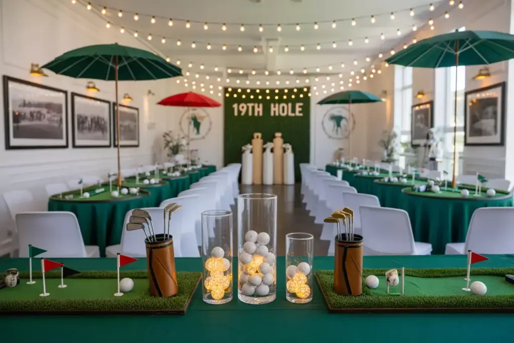 Golf-themed party room with green tablecloths, mini golf decor, golf balls, and 19th HOLE sign in back.