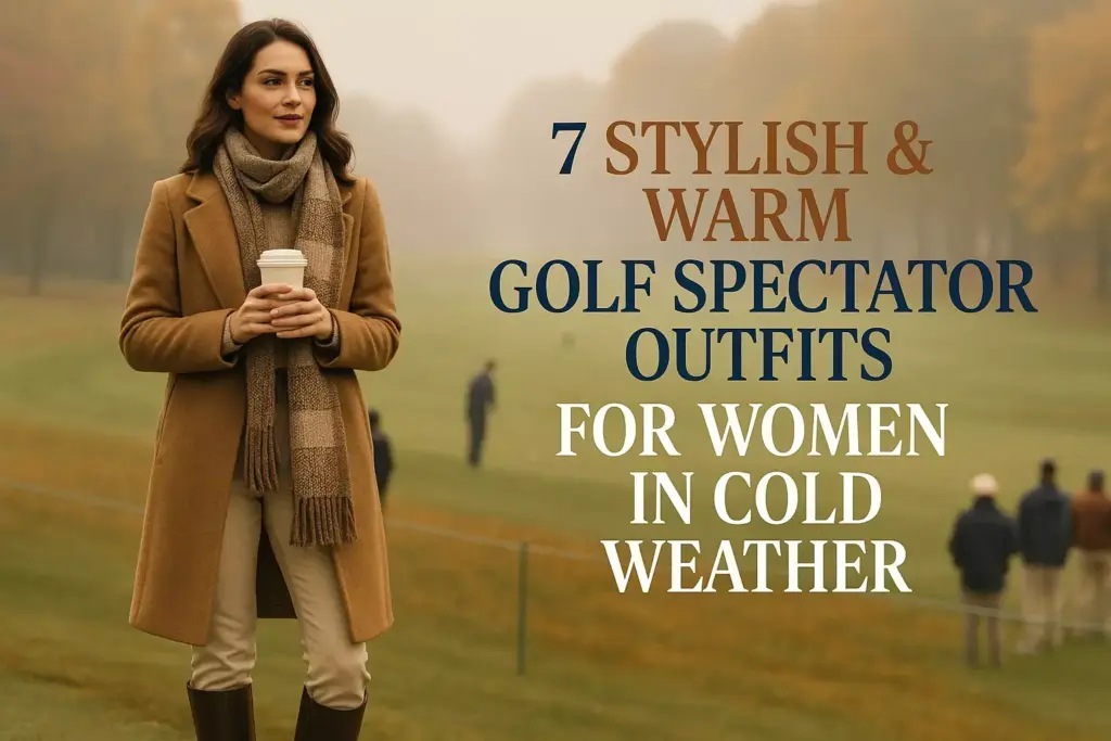A woman in a brown coat holds coffee on a golf course; text promotes golf outfits for cold weather.