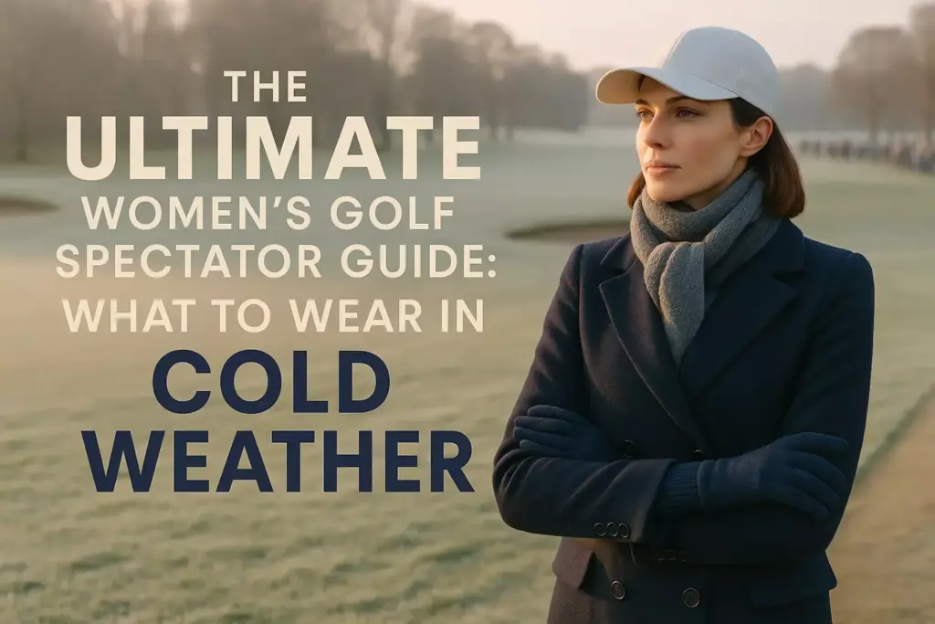 Woman in coat and scarf at a golf course with text: Ultimate guide for women on what to wear in cold weather.