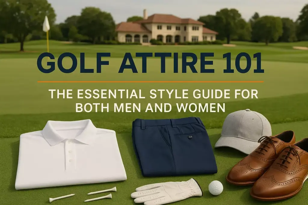Golf attire including a white polo, navy pants, gray cap, brown shoes, gloves, tees, and a ball on a golf course.