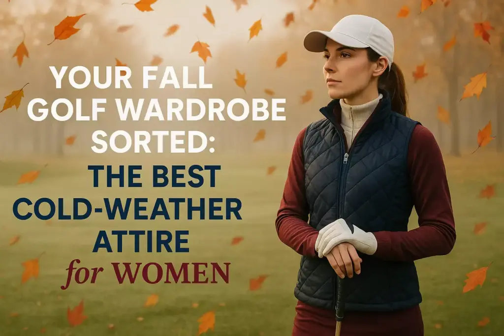 Woman golfer in autumn attire stands on a course with falling leaves and text about fall golf wardrobe for women.