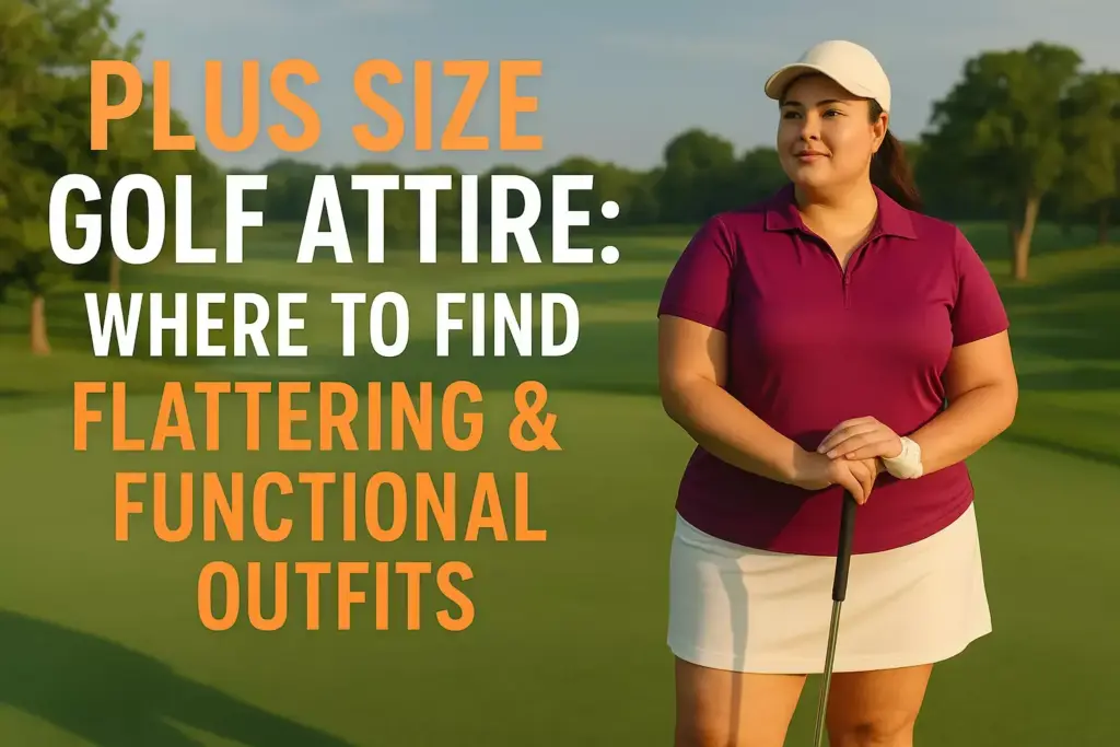 Plus-size woman golfer in purple polo and white skirt stands on golf course; text promotes plus-size golf attire.