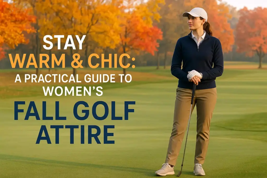 Woman in fall golf attire stands on a golf course with autumn trees; text about women’s fall golf fashion.