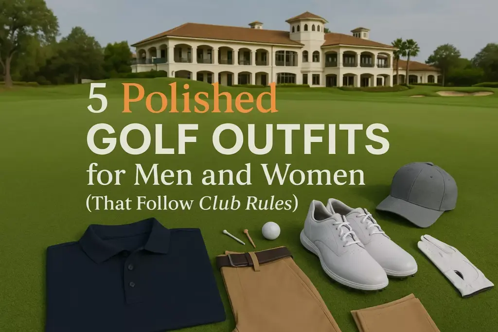 Golf shirts, pants, shoes, a hat, glove, and ball on grass with a clubhouse in the background, text overlayed.