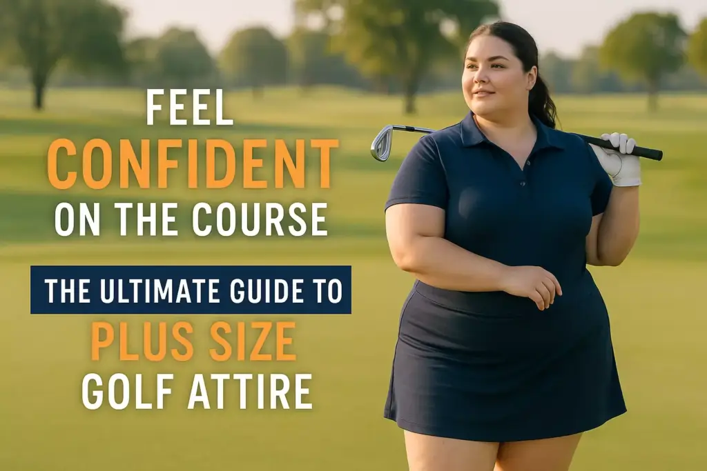Plus-size woman holding a golf club on a sunny course with text: Plus Size Golf Attire Guide.