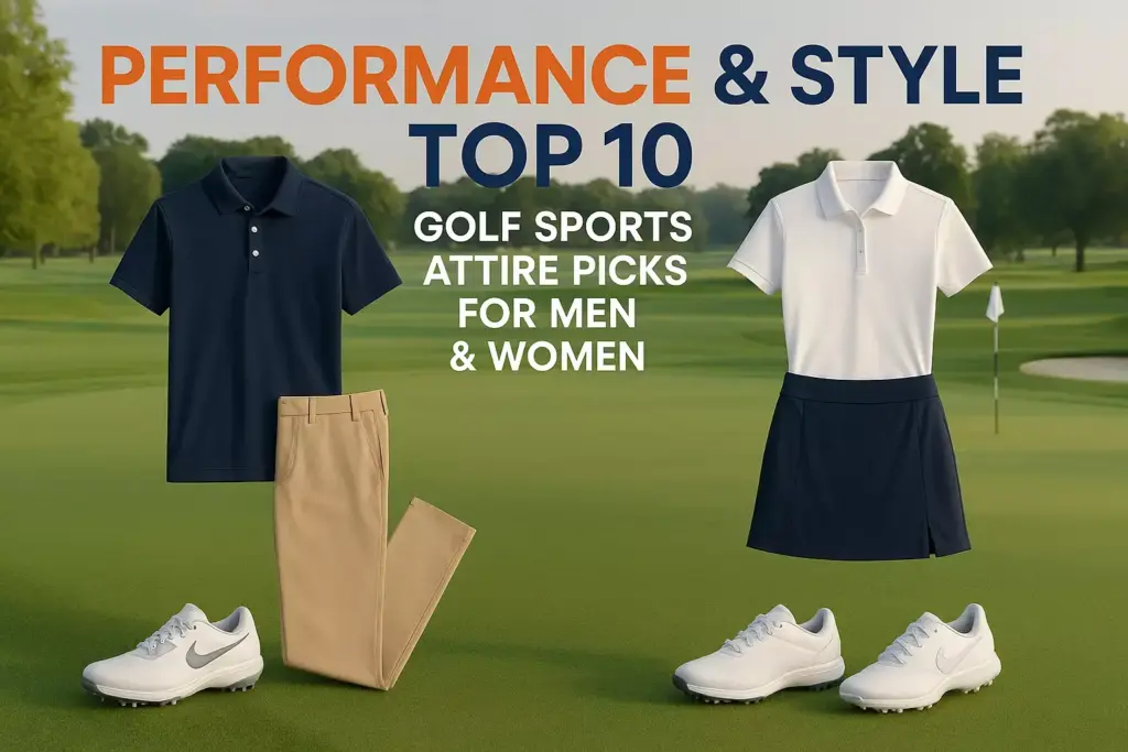 Golf course background with mens and womens golf outfits and shoes, with text about top golf attire picks.