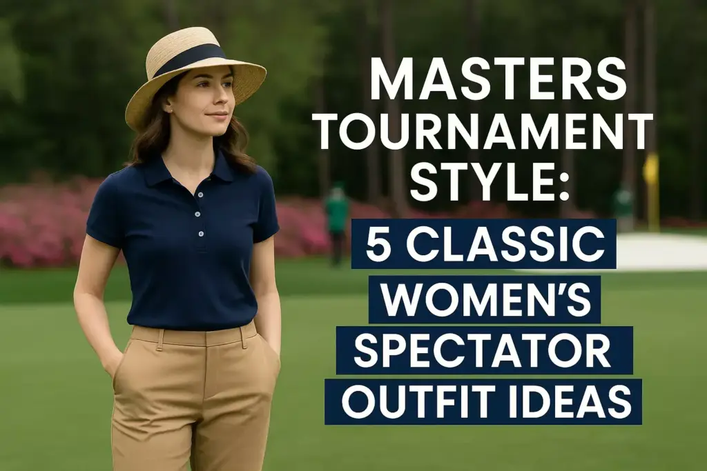 Woman in a hat and polo shirt stands on a golf course; text reads 5 Classic Women’s Spectator Outfit Ideas.