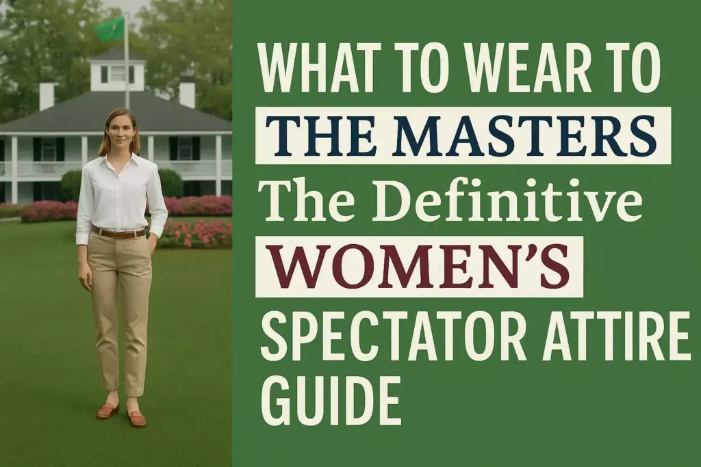 Woman in business casual attire stands on golf course with text: The Masters Womens Spectator Attire Guide.