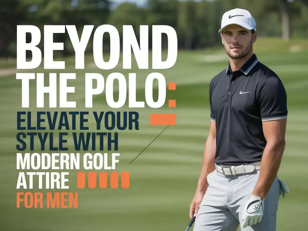 Man in modern golf attire stands on a golf course holding a club, with bold text about mens golf fashion.