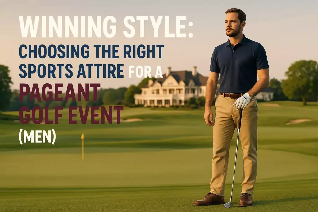 A man in golf attire stands on a golf course with a clubhouse in the background. Text about golf fashion is shown.