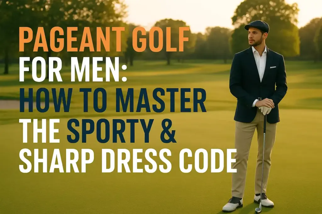 A man in golf attire stands on a course; text reads Pageant Golf for Men: How to Master the Sporty & Sharp Dress Code.