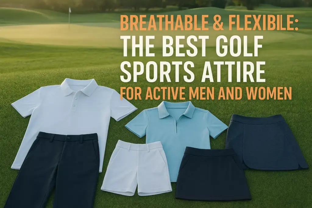 Golf outfits for men and women displayed on grass with text promoting breathable, flexible sports attire.